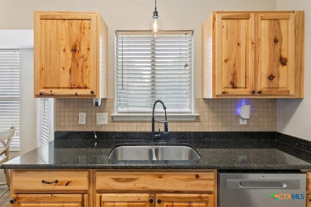 8620 Sunset Trl, Temple, TX 76502 - kitchen with dishwasher, backsplash, light brown cabinetry, and dark stone counters