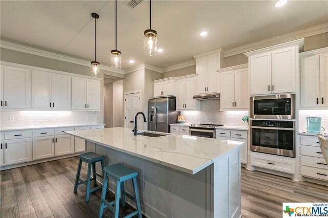 kitchen featuring white cabinetry, hanging light fixtures, a center island with sink, and stainless steel appliances