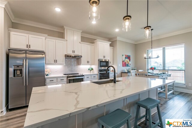 kitchen with pendant lighting, stainless steel appliances, white cabinetry, and sink