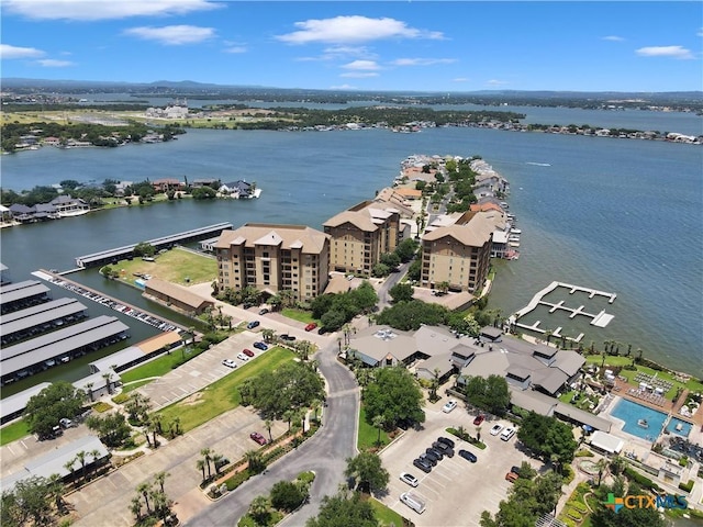 drone / aerial view featuring a water view