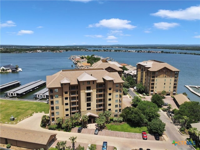 drone / aerial view with a water view