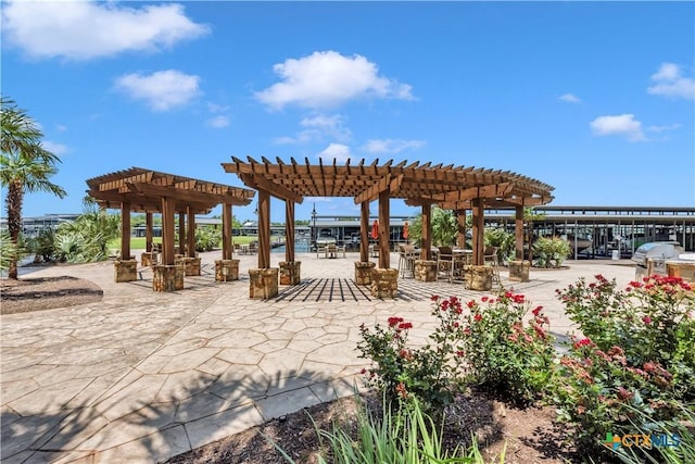 surrounding community featuring a pergola and a water view