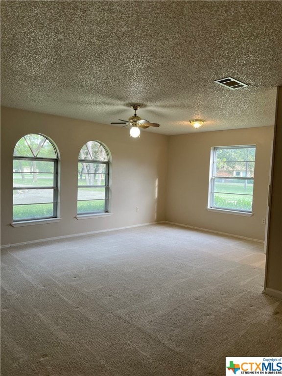 carpeted spare room with a wealth of natural light and ceiling fan