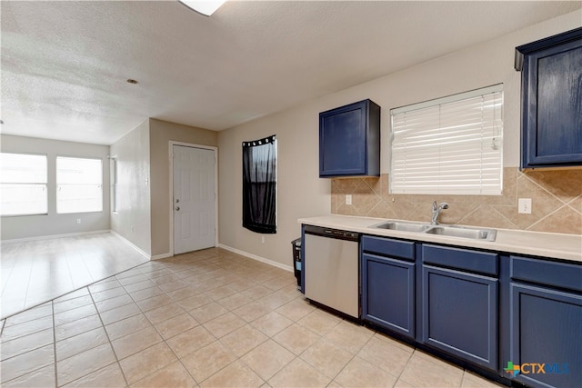 kitchen with sink, decorative backsplash, dishwasher, and blue cabinets