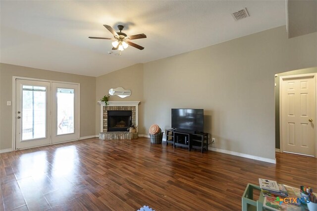 4413 Pete Dr, Killeen, TX 76549 - living area with a ceiling fan, wood finished floors, a fireplace, and baseboards