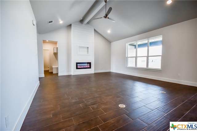 unfurnished living room featuring dark hardwood / wood-style flooring, high vaulted ceiling, ceiling fan, beam ceiling, and a fireplace