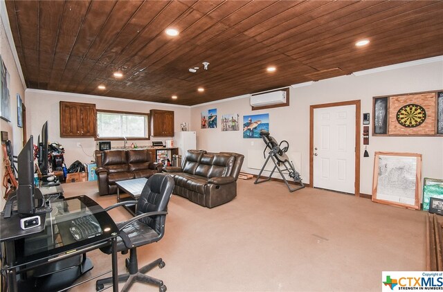 office with a wall mounted AC, light colored carpet, and wooden ceiling