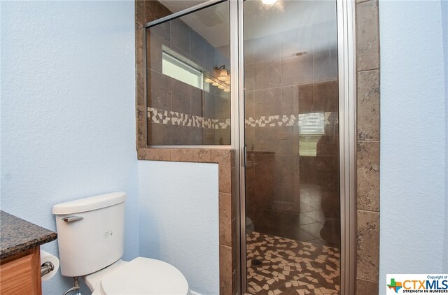 bathroom featuring toilet, an enclosed shower, and vanity