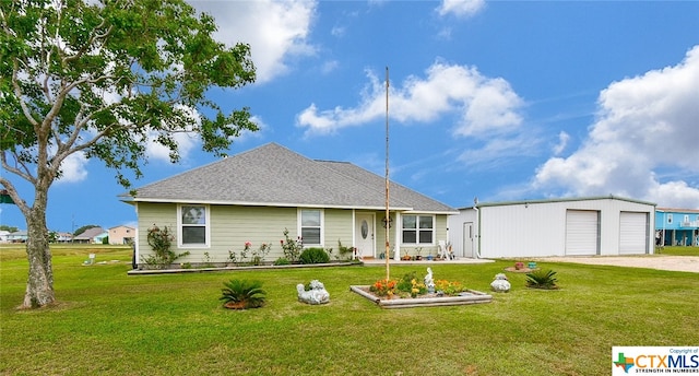 single story home with a garage and a front yard