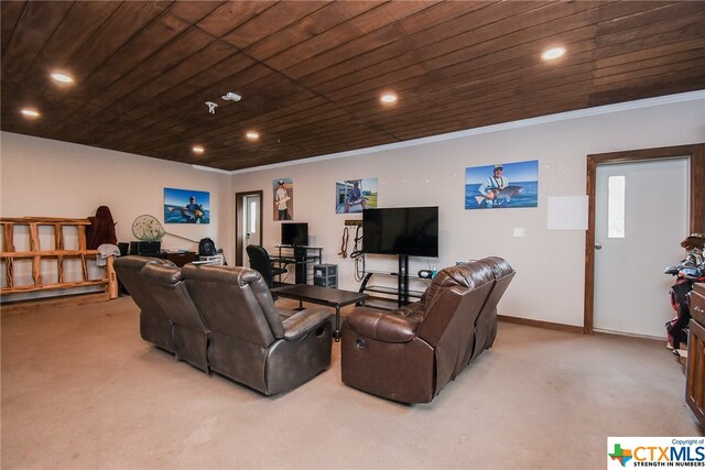 carpeted living room featuring wooden ceiling and crown molding