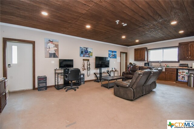 living room with crown molding and wood ceiling