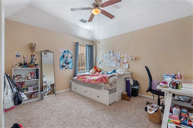 carpeted bedroom with ceiling fan and lofted ceiling