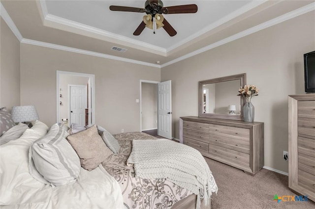 3312 Shawlands Rd, Killeen, TX 76542 - bedroom with a raised ceiling, light colored carpet, crown molding, and ceiling fan