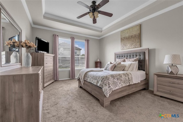 3312 Shawlands Rd, Killeen, TX 76542 - bedroom with a tray ceiling, light carpet, ornamental molding, and ceiling fan
