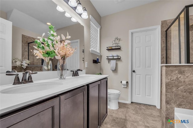3312 Shawlands Rd, Killeen, TX 76542 - full bath featuring double vanity, tiled shower, tile patterned flooring, and a bath