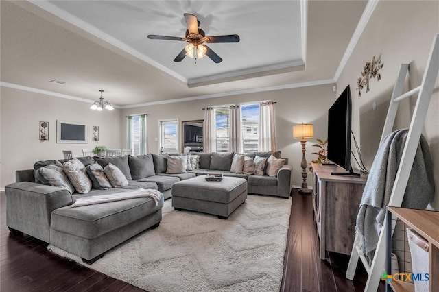 3312 Shawlands Rd, Killeen, TX 76542 - living area with a tray ceiling, hardwood / wood-style floors, a chandelier, ceiling fan, and ornamental molding