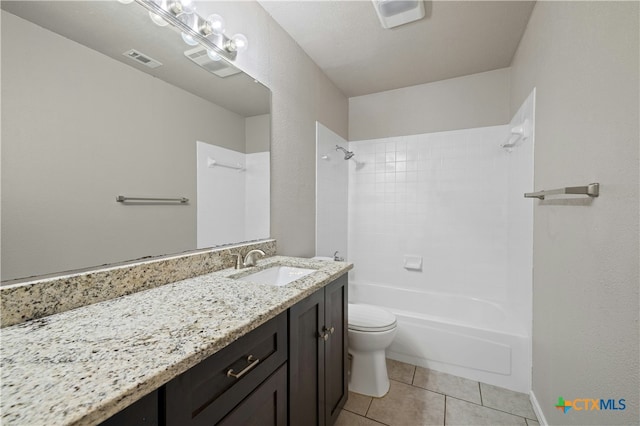 bathroom with visible vents, bathing tub / shower combination, toilet, tile patterned floors, and vanity