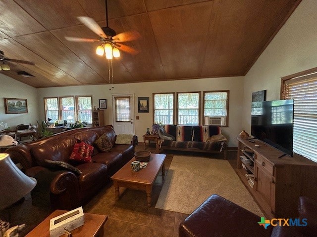 tiled living room featuring wood ceiling, ceiling fan, and plenty of natural light