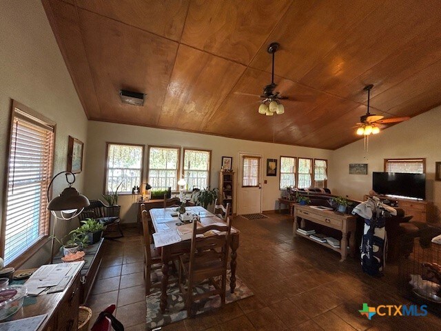 tiled dining area featuring wooden ceiling, ceiling fan, a healthy amount of sunlight, and vaulted ceiling