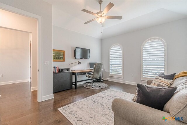 117 Playing Cypress Dr, San Marcos, TX 78666 - home office featuring a ceiling fan, wood finished floors, and vaulted ceiling
