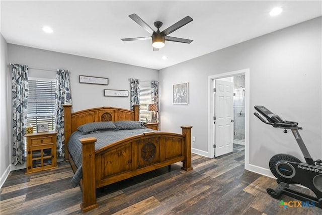 bedroom featuring a ceiling fan, wood finished floors, baseboards, recessed lighting, and ensuite bathroom