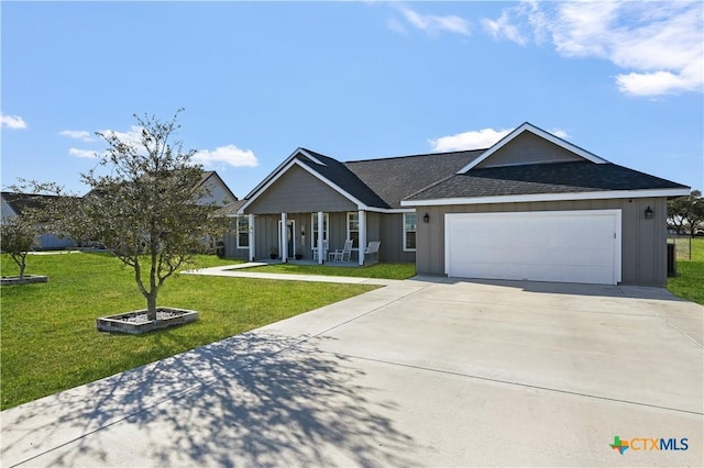 ranch-style home featuring driveway, covered porch, a shingled roof, a front lawn, and a garage