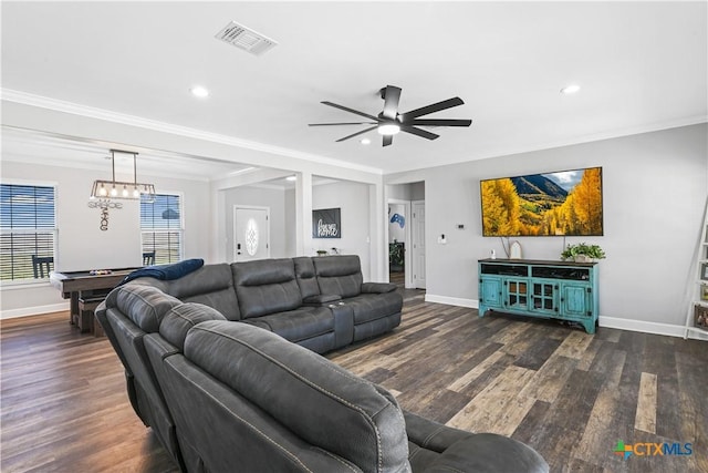 living area with visible vents, a ceiling fan, pool table, and crown molding