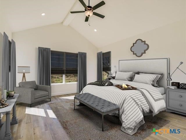 bedroom with beamed ceiling, light hardwood / wood-style floors, high vaulted ceiling, and ceiling fan