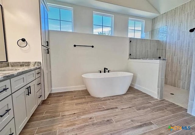 bathroom with vanity and separate shower and tub