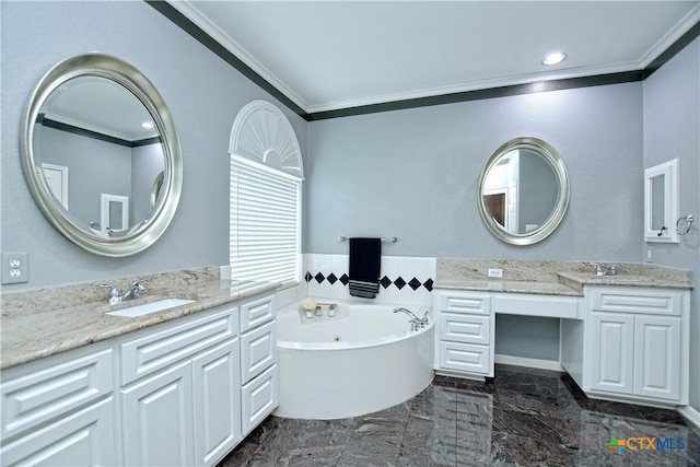 1320 Becca Teal Pl, Round Rock, TX 78681 - bathroom featuring a sink, a garden tub, two vanities, and ornamental molding