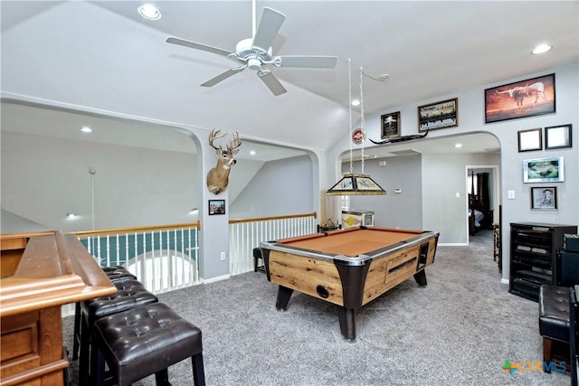 1320 Becca Teal Pl, Round Rock, TX 78681 - recreation room featuring billiards, carpet floors, lofted ceiling, recessed lighting, and arched walkways