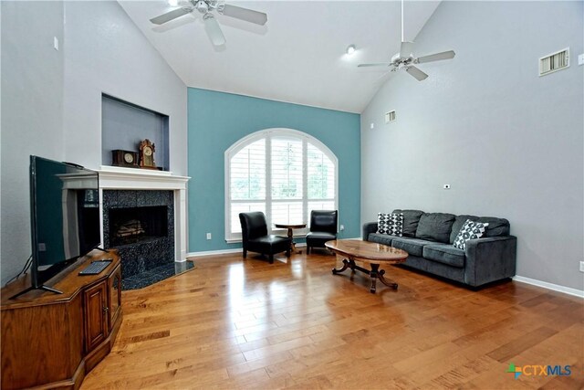 1320 Becca Teal Pl, Round Rock, TX 78681 - living area featuring ceiling fan, visible vents, high vaulted ceiling, and wood finished floors