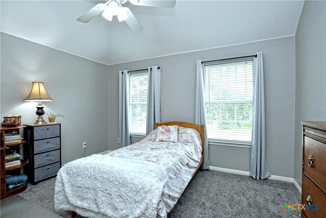 1320 Becca Teal Pl, Round Rock, TX 78681 - carpeted bedroom featuring lofted ceiling, multiple windows, a ceiling fan, and baseboards