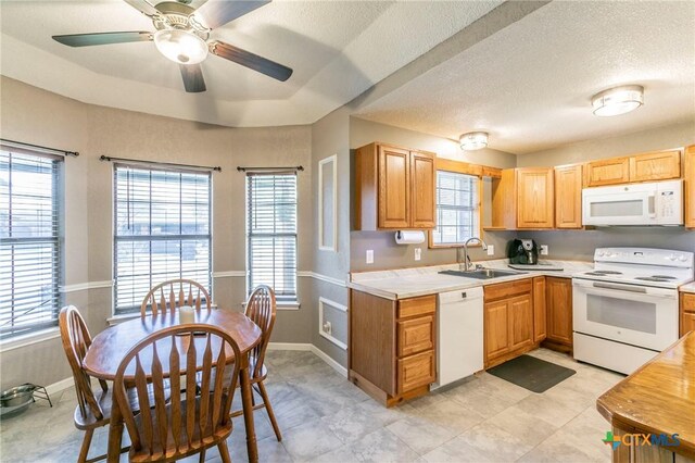 204 Paula St, Copperas Cove, TX 76522 - kitchen featuring baseboards, ceiling fan, light countertops, white appliances, and a sink