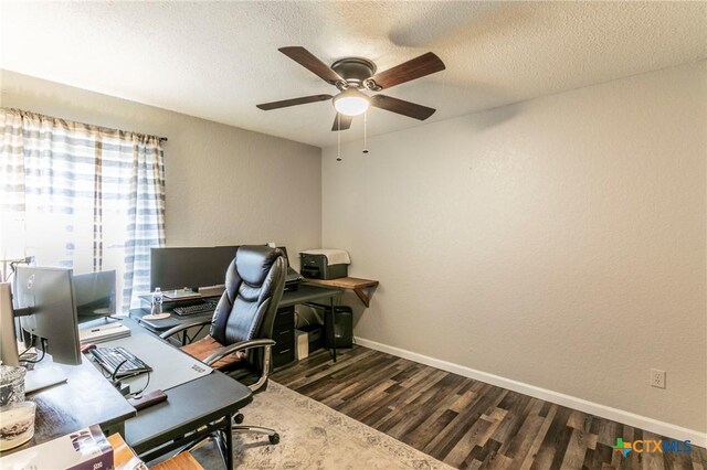 204 Paula St, Copperas Cove, TX 76522 - home office featuring dark wood-type flooring, a ceiling fan, baseboards, and a textured ceiling