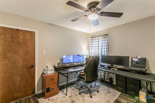 204 Paula St, Copperas Cove, TX 76522 - office area with baseboards, ceiling fan, wood finished floors, a textured wall, and a textured ceiling
