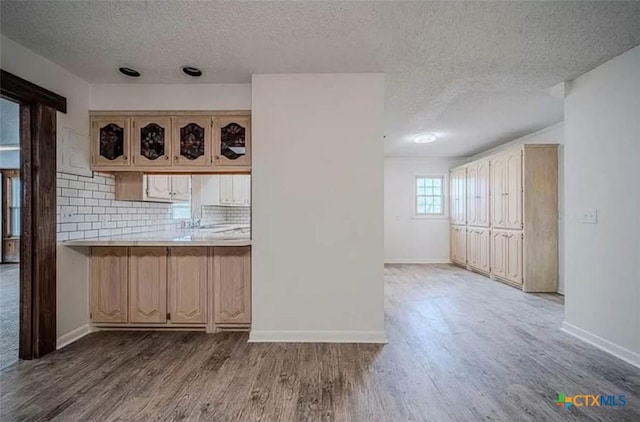 kitchen with backsplash, light countertops, baseboards, and wood finished floors