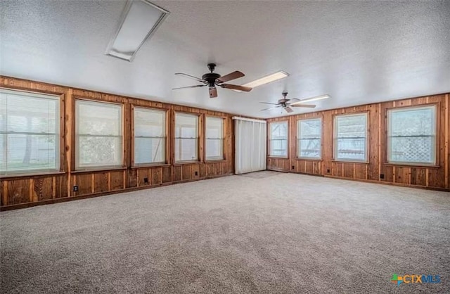 empty room featuring wooden walls, a textured ceiling, and carpet floors