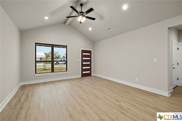 interior space with vaulted ceiling with beams, light hardwood / wood-style flooring, and ceiling fan