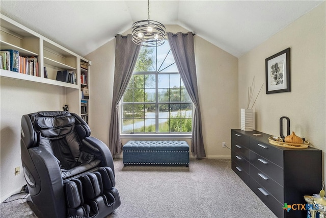 living area with light carpet, an inviting chandelier, and vaulted ceiling