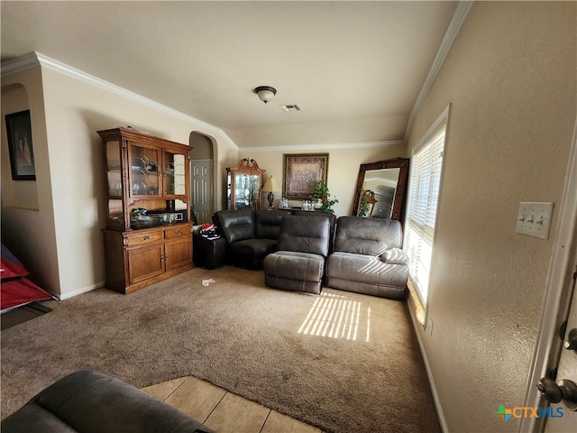 living room featuring light carpet and crown molding