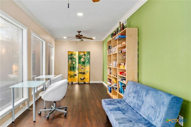 home office with a ceiling fan, wood finished floors, recessed lighting, crown molding, and baseboards