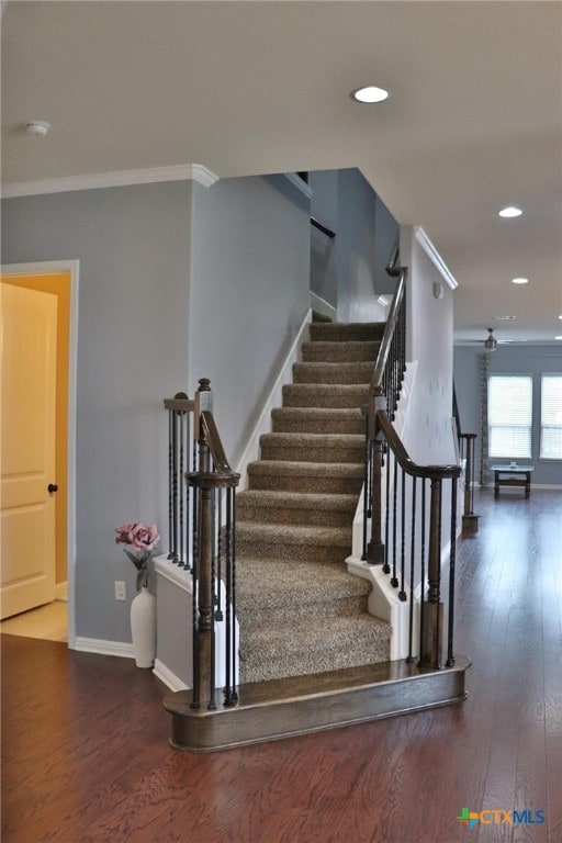 1400 Little Elm Trl Unit 1215, Cedar Park, TX 78613 - stairs featuring wood-type flooring, recessed lighting, and crown molding