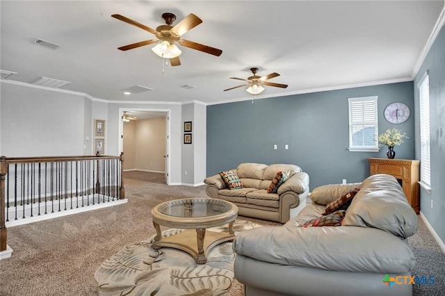 1400 Little Elm Trl Unit 1215, Cedar Park, TX 78613 - living room featuring carpet flooring, a ceiling fan, crown molding, and attic access