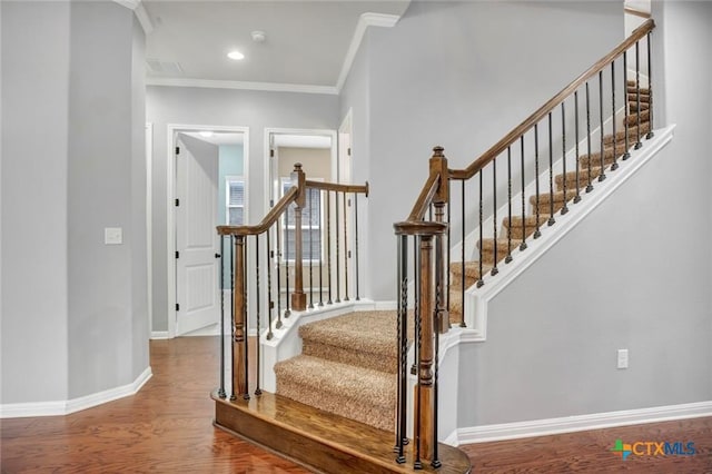 1400 Little Elm Trl Unit 1215, Cedar Park, TX 78613 - staircase featuring crown molding and wood finished floors