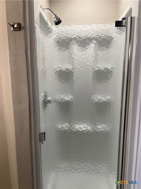 bathroom featuring a shower with shower door