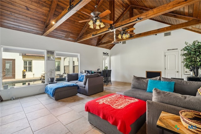 living room featuring ceiling fan, wood ceiling, high vaulted ceiling, and beam ceiling