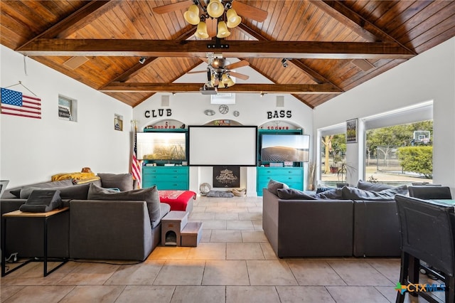 tiled living room featuring high vaulted ceiling, beamed ceiling, wooden ceiling, and ceiling fan