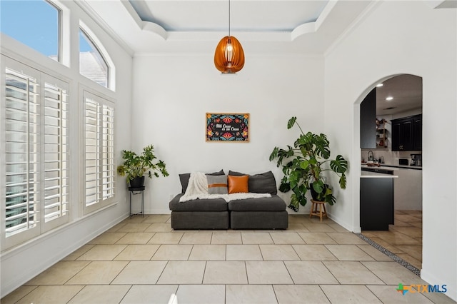 living area featuring ornamental molding, light tile patterned floors, and a tray ceiling