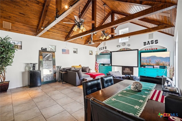 rec room with wooden ceiling, ceiling fan, beamed ceiling, and tile patterned flooring